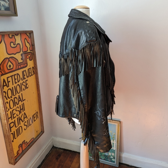 Vintage Fringe Black Leather Jacket with Heavy Metal Musician Autographs - Picture 9 of 13